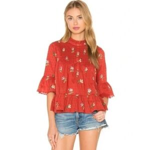 Ulla Johnson Charlotte Peasant Blouse Red Swisss Dot Floral Smocked Ruffle Sz 2